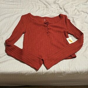 Orange/Red Long Sleeve Crop Top.